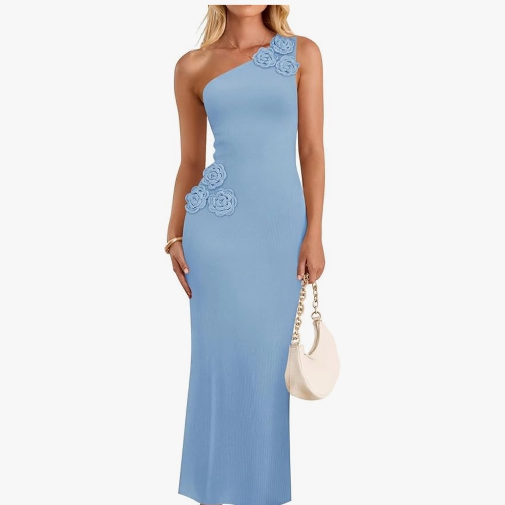3D floral blue One-Shoulder Dress